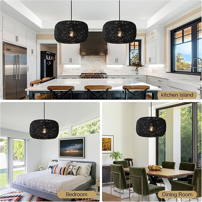 Plug in Pendant Light with Woven Rattan Lampshade, 12” Boho Hanging Lamp with 15FT Cord & On/Off Switch, E26 Socket, Ceiling Hook Installation for Bedroom Living Room Dining Nook Apartment