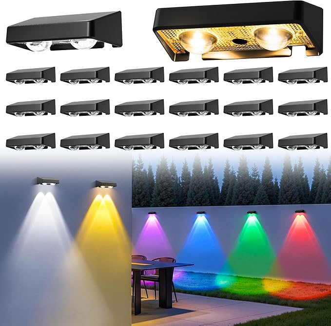 Solar Fence Lights Outdoor,50 LM 11 Modes & 9 Colors Solar Lights with Brighter LED Focus Lens Waterproof IP65 for Wall Backyard Deck Patio Porch Step Railings Pool Decor(20 Pack)