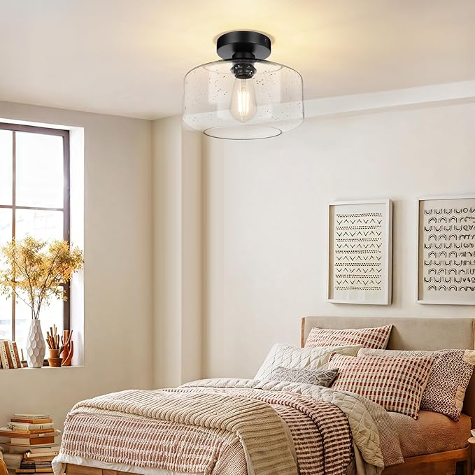 SunRider Industrial Semi-Flush Mount Ceiling Light Fixture, Seeded Glass Lamp Shade, Black Metal Farmhouse Lights for Hallway Kitchen Bedroom, X-Large