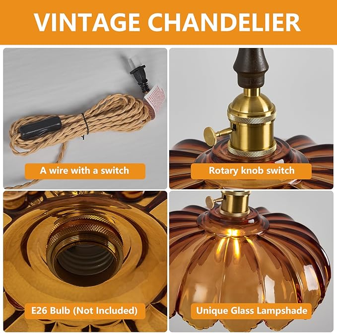 Modern Tawny Plug in Glass Pendant Light Retro Flower Glass Hanging Lamp Gold Brass Decorative Adjustable Ceiling Hanging Light Suitable for Kitchen Island Bedroom Dining Room Living Room