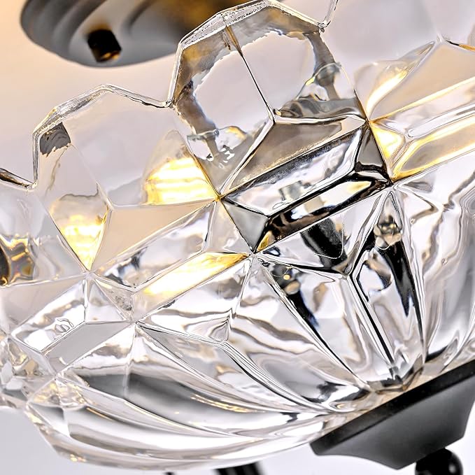 Semi Flush Mount Ceiling Light, 3-Light Kitchen Ceiling Lighting Fixtures with Clear Glass Lampshade, Black Modern Chandelier for Living Room Bedroom Hallway