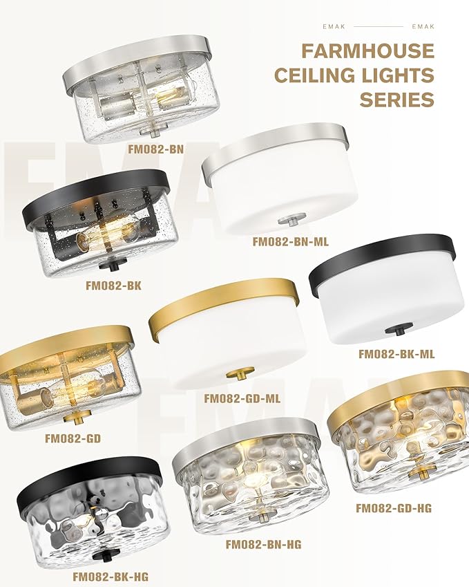 Emak Modern Brushed Gold Ceiling Light, 2-Light Ceiling Lights with Hammered Glass Shade, 11 Inch Flush Mount Light Fixture for Bedroom, Bathroom, Hallway, Kitchen, FM082-GD-HG