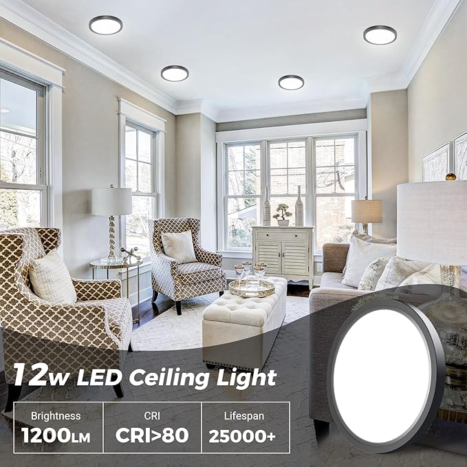 hepside 1PACK Flush Mount LED Ceiling Light Fixture - Black, 6.5Inch 12Watt, Dimmable & 3 Color Selectable - 1200LM Low Profile Light for Kitchen, Bedroom, Hallway, Porch