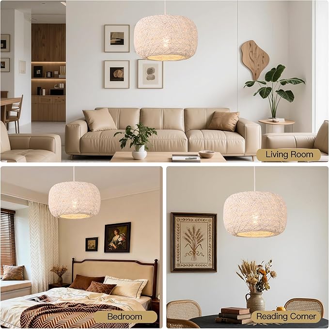 Plug in Pendant Light with Woven Rattan Lampshade, 12” Boho Hanging Lamp with 15FT Cord & On/Off Switch, E26 Socket, Ceiling Hook Installation for Bedroom Living Room Dining Nook Apartment