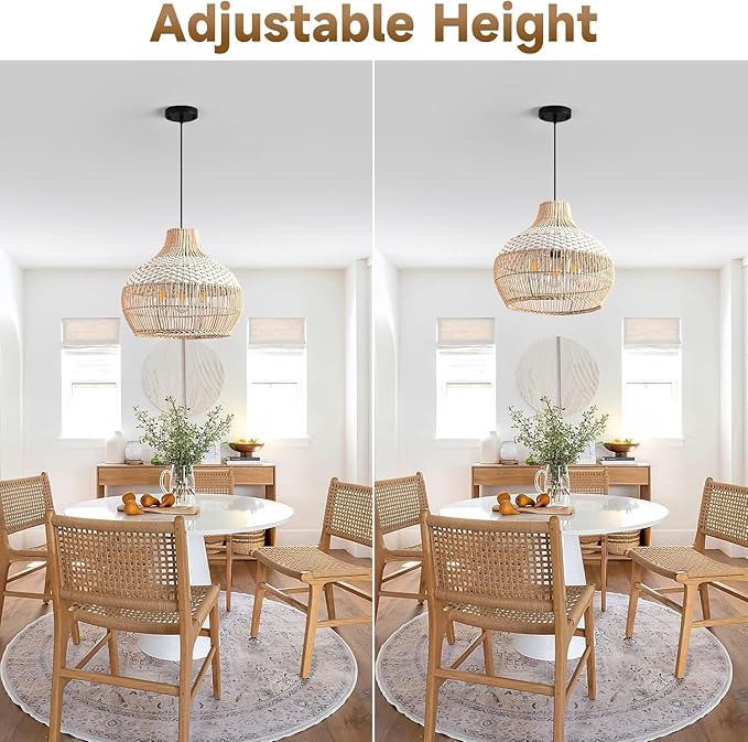 3-Light Rattan Pendant Light Fixture, 15" Hand-Woven White Wicker Basket Chandelier Boho Faux Rattan Hanging Lamp,for Dining Living Bedroom Kitchen