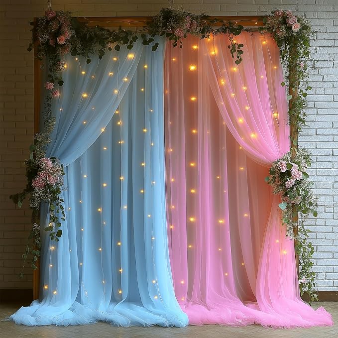 Pink and Blue Tulle Backdrop Curtains with Lights String – 2 Panels 5x8ft Sheer Backdrop for Gender Reveal, Baby Shower, Boy or Girl Birthday Party, Photo Shoot, Party Decorations