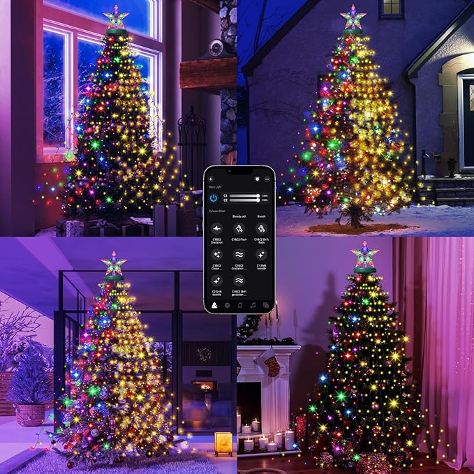 Smart Cascading Twinkle Lights for Christmas Tree, 410LED Christmas Tree Lights APP Control Music Sync, 6.6FT x 16 Lines String Lights for Indoor Outdoor Xmas Tree Decor, Warm White & Multicolor