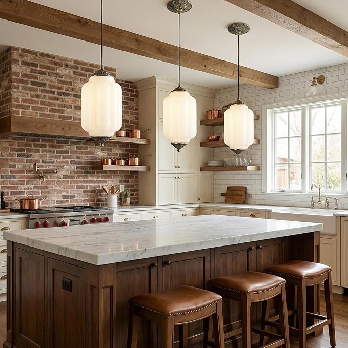 Vintage Milk Glass Pendant Lights Kitchen, Brass color Glass Ceiling Light Fixture, Retro Industrial Pendant Lighting for Dining Room, Kitchen,, Entryway, Hallway (Gold metal + white glass., 5.5in)