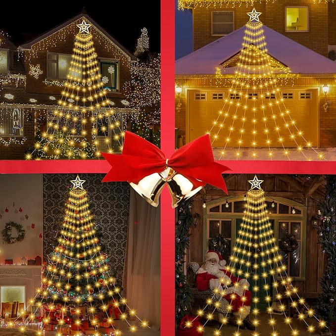 Christmas Decorations Star Lights Outdoor, 11.48ft 350 LED Waterfall Tree Lights with 8 Modes Timer Remote Plug in Christmas Lights for Indoor Yard Patio Home Holiday Party Decor, Warm White