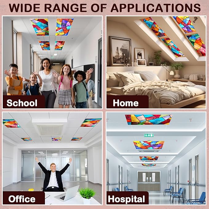 4 Pcs Fluorescent Light Covers for Classroom Ceiling Light 4 x 2 Feet Decorative Magnetic Lights Cover Filters Easy Install for School Office Home Hospitals Drop Ceiling Supplies (Retro Stained Glass)