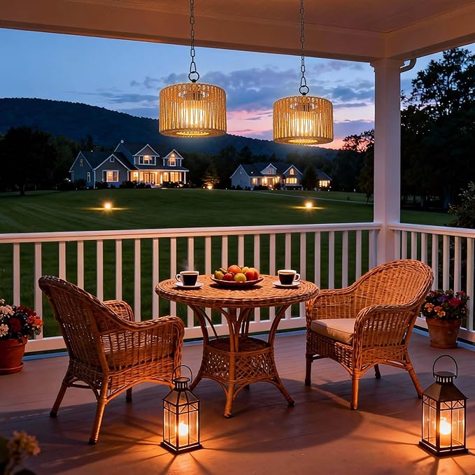 Battery Operated Chandelier Rechargeable, Outdoor Pendant Light Cordless with RGB LED Bulb, Boho Hanging Lights with Remote for Gazebo, Porch, Patio, Pergola, Indoor Decor,Set of 2
