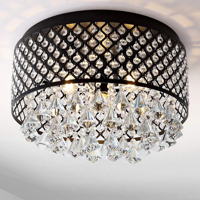 JONATHAN Y 17" Black LED Flush Mount Ceiling Light, 3-Light Modern Glam Chandelier for Bedroom Living Room Hallway, Dimmable Metal Trellis with Clear Crystal Drops JYL6143A