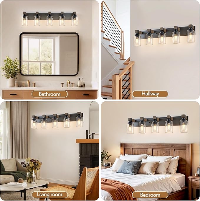 Farmhouse Bathroom Vanity Light Fixtures, Rustic 5-Light Wood Vanity Lights for Bathroom, Vintage Black Wall Sconces Lighting, Light fixtures Over Mirror, with Glass Shade