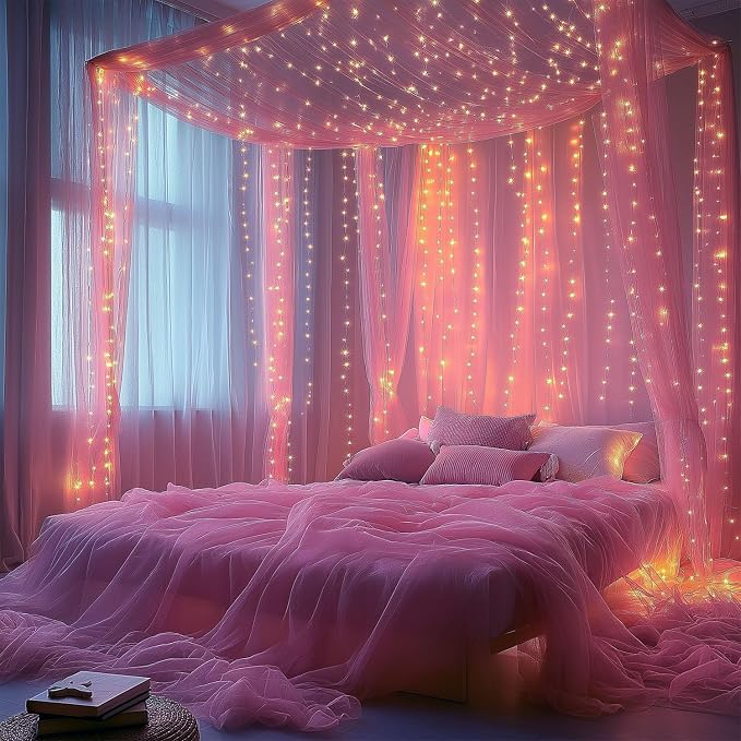 10x10ft Pink Tulle Backdrop Curtain with Lights String Sheer Drapes for Baby Shower for Girls, Bridal Shower, Birthday, Photo Booth, Party, Home Decor (2 Panels, Pink)