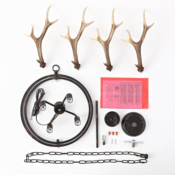 Farmhouse Antler Pendant Light – 19.3"x18.1" Metal Globe and Resin Antlers, E12 Base, Brown Indoor Hanging Light for Kitchen Dining Room
