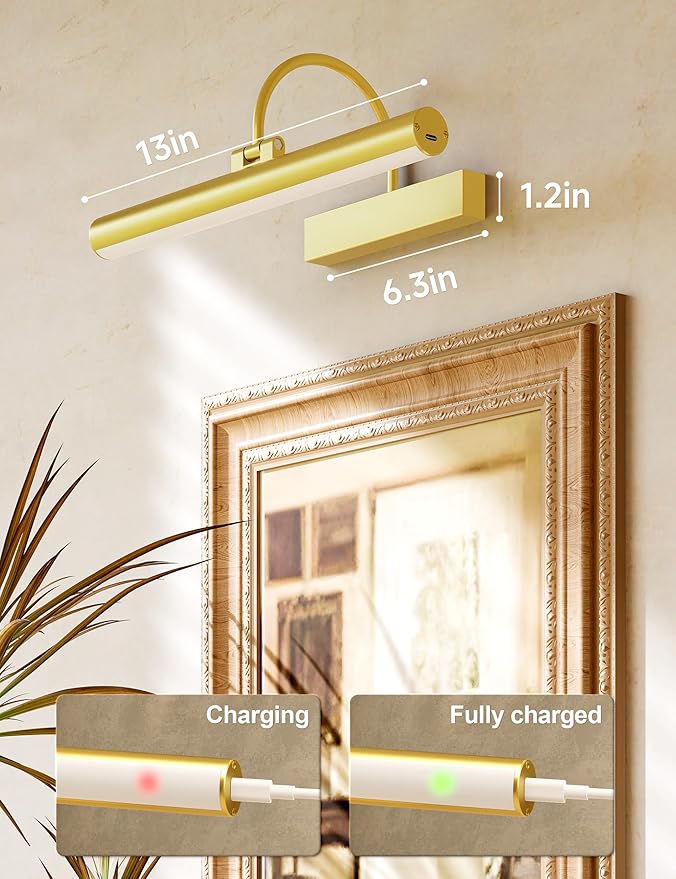 Bridika Picture Light for Wall with Remote, Rechargeable Battery Operated Picture Light, 3 Color Modes and Dimmable Classic Art Lights for Paintings, Gallery, Bedroom, Bathroom with Timer Gold 1