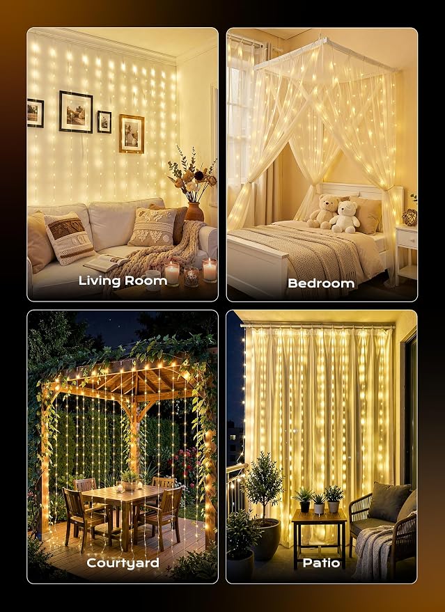 Brightown 180 LED Shower Curtain Lights, 70 Inch Warm White IP65 Waterproof Fairy Lights Battery Operated String Lights, 8 Modes Waterproof Christmas Lights for Indoor Outdoor Decor(No Curtain)