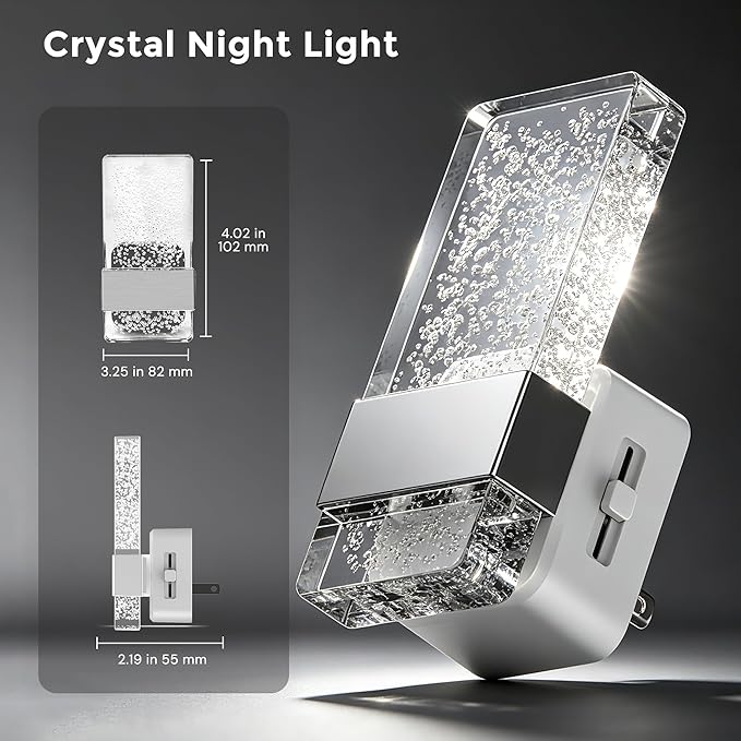 L LOHAS LED Night Light, Dimmable Night Lights Plug into Wall, 2 Pack Acrylic Silver Nightlight with Light Sensor, 0-100LM Automatic Plug in Nightlight for Bathroom, Hallway, Stairway, Gift
