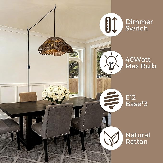 Lumstory Rattan Plug in Pendant Light for Ceiling Farmhouse Dark Brown Boho Woven Hanging Lights with Plug in Cord, Wicker Hanging Lamp with Dimmable Switch, Rattan Chandelier for Dining Room, 3-Light