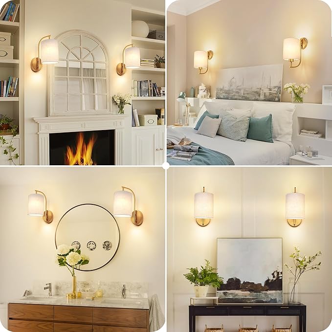 MATAMEYE Battery Operated Wall Sconce Set of 2, Gold Rechargeable Dimmable Wall Light Fixture Remote, 12 RGB Colors & Timer, Wireless Lamp Linen Shade