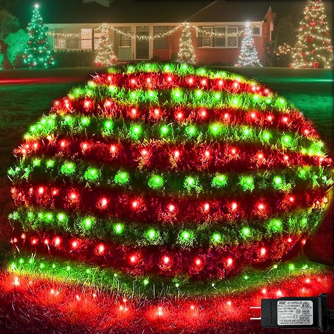 Pooqla Christmas Net Lights, 300LED Outdoor Net Mesh Lights, 14.8x4.9 ft Fairy String Lights 8 Modes Green Wire, Connectable Waterproof Decorative for Bushes Tree Yard, Red and Green