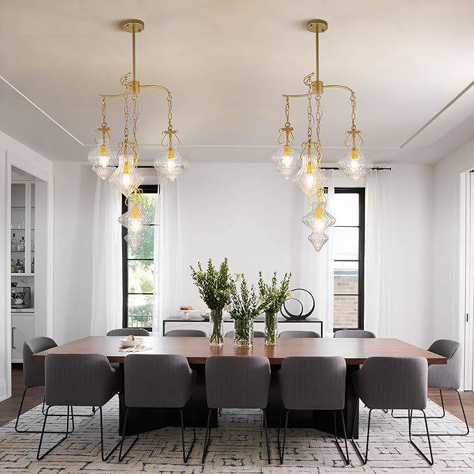 TOCHIC Modern Glass Pendant Light, 4 Light Gold Cluster Pendant Chandelier with Clear Ribbed Glass, Adjustable Hanging Light Fixture for Dining Room, Kitchen Island, Bedroom, Foyer