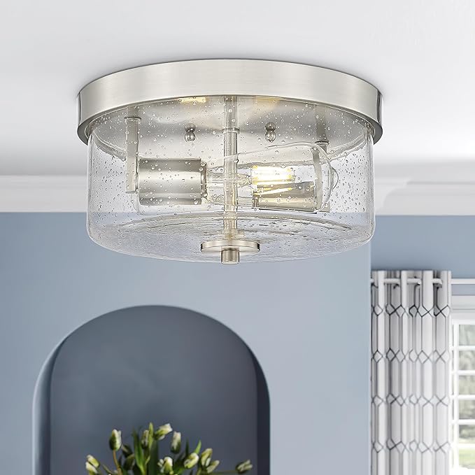 Emak 2-Light Brushed Nickel Ceiling Light Fixture, 11 Inch Flush Mount Light Fixture with Seeded Glass Shade for Bedroom, Living Room, Kitchen, Hallway, Bathroom, FM082-BN