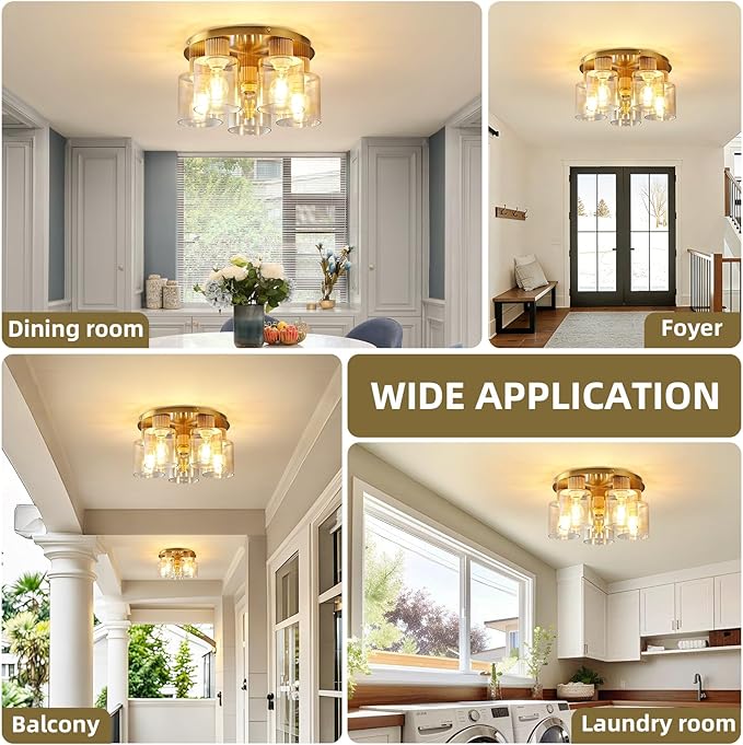 5-Lights Semi Flush Mount Ceiling Light Kitchen Lighting Fixtures Ceiling Gold Solid Wood Kitchen Cieling Light Fixtures with Clear Glass Shade for Dining Room Entryway Foyer Hallway
