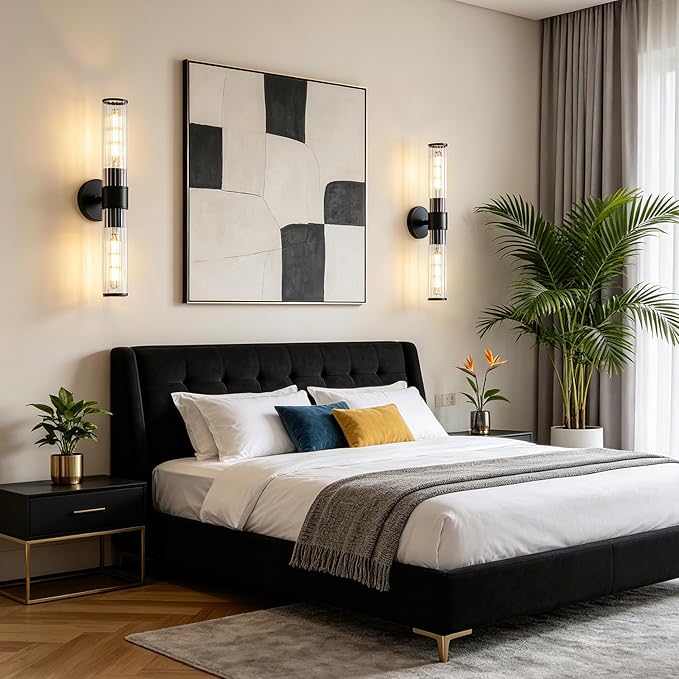 Bathroom Light Fixtures 2 Pack Hardwired, Black Wall Sconce Threaded Glass Vanity Light Featuring Two E26 sockets, Bathroom Wall Light Dimmable - Bulb Not Included, UL Certification