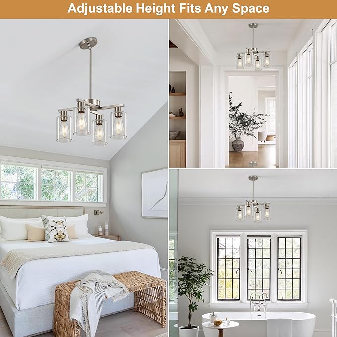 4-Light Brushed Nickel Dining Room Light Fixture, Modern Industrial Kitchen Chandelier Over Table, Adjustable Height Hanging Pendant Light for Kitchen Island, Entryway with Clear Glass Shade