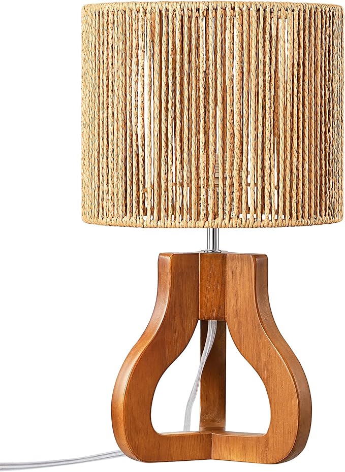 EDISHINE Small Table Lamp, Rose Wood Tripod Nightstand Lamp, Handwoven Paper Rope Shade, 14.6" Rattan Bedside Lamp for Bedroom Living Room, Office, On-Off Line Switch, E26 Base(Bulb Not Included)
