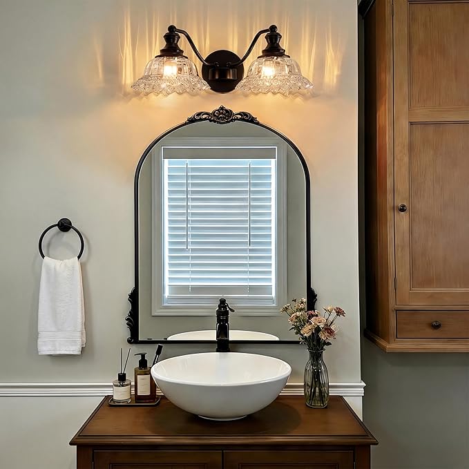 Espird 2 Lights Bathroom Vanity Light Fixtures, Vintage Black Vanity Lights for Bathroom, Farmhouse Antique Light Fixtures Over Mirror with Crystal Glass Shade