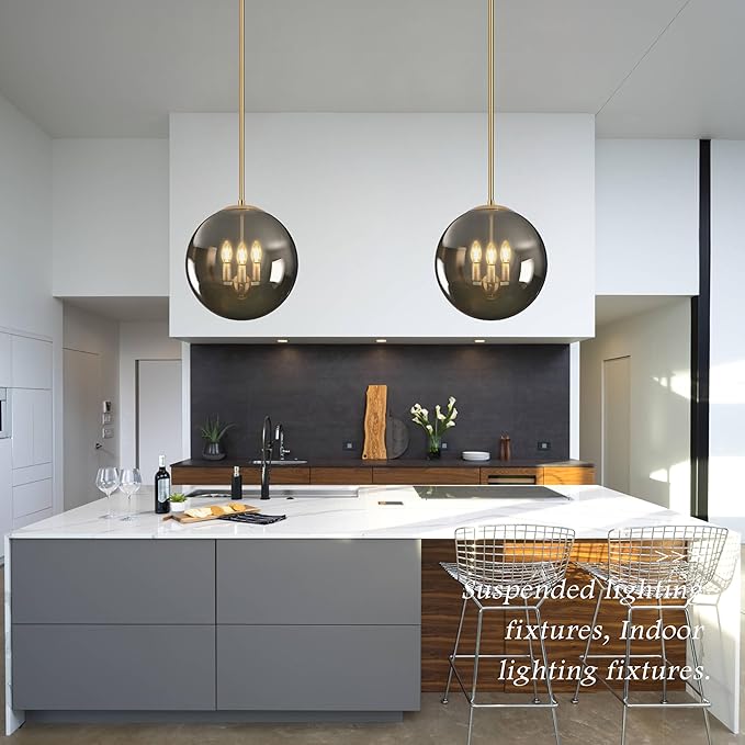 Bagood 14 Inch Globe Pendant Light Gold Large Globe Pendant Lights Kitchen Island Gold Mid Century Light Fixture with Gray Clear Glass Adjustable Hanging Lights for Living Room Foyer (Bulb Included)