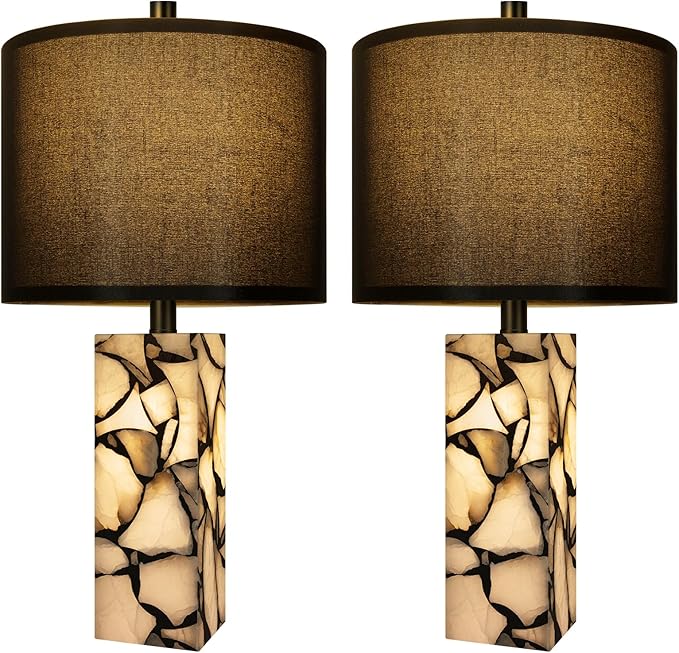 Scenekoy 23" Alabaster Table Lamps Set of 2 with Night Light for Living Room, Rotary Switch, Black Modern Table Lamp with Black Linen Shade, Nightstand Lamp for Bedroom Bedside Office (Bulb Included)