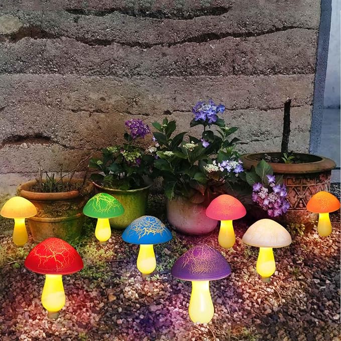 8-Pack Cracked Mushrooms for Garden Decor, Solar Mushroom Lights Outdoor, Super Cute Whimsical Garden Art for Yard Decor Gnome Flowerbed Housewarming Decor(Multicolored)