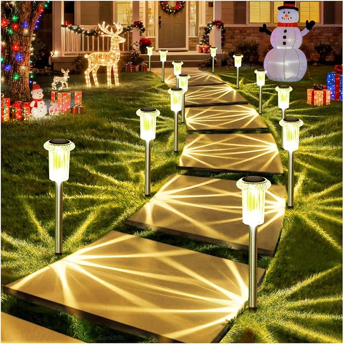 DenicMic Solar Lights Outdoor 10 Pack Waterproof 3000K Warm White LED Stainless Steel Stake Outside Lights for Yard Pathway Garden Driveway Walkway Landscape Path Lighting