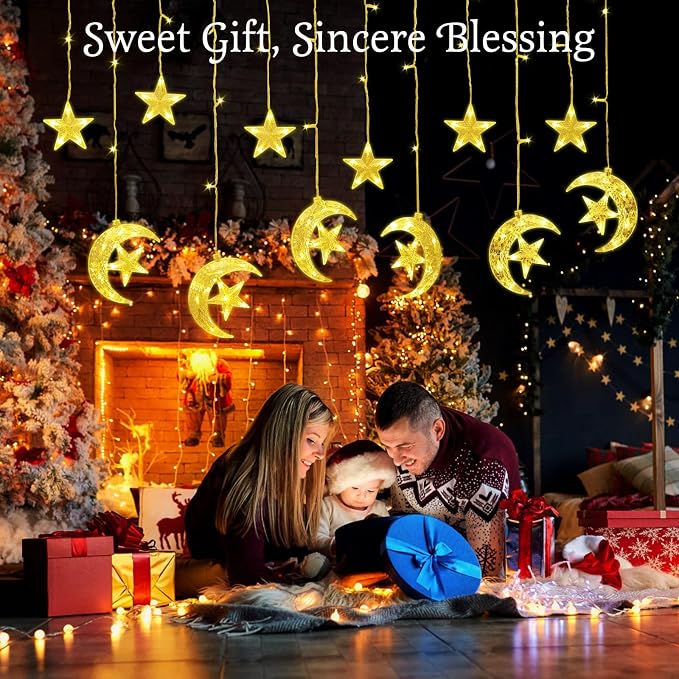 Lewondr 138 LED Star Moon String Curtain Lights, Hanging Fairy Lights with 6H Timer&8 Modes, USB & Remote Control Ramadan String Lights for Christmas Bedroom Wedding Party Xmas Indoor Decor,Warm Light