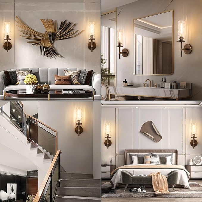 15" Knurled Brass Wall Sconce with Water Ripples Glass Tube, Bronze Bathroom Vanity Light Fixtures, Modern Lamp Lighting for Bedroom, Living Room, Hallway, Staircase, Mirror, Kitchen