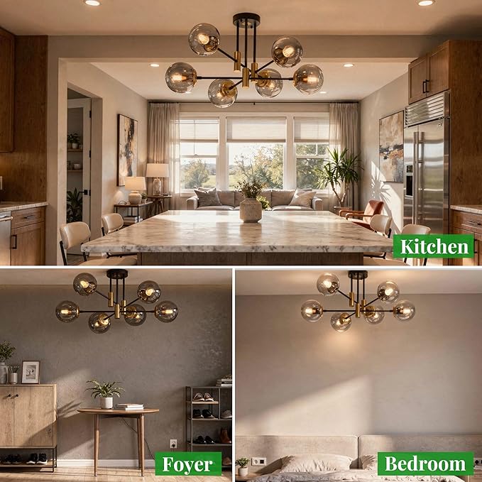 6-Light Sputnik Chandelier Modern Matte Black and Gold Ceiling Light, Glass Globe Hanging Light Fixture for Dining Room, Kitchen Island, Bedroom, Living Room
