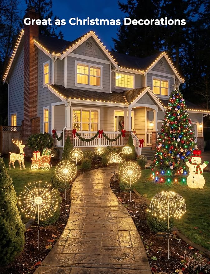 Brightown 150LED Solar Garden Lights Outdoor, 8 Modes 2 Pack Firework Fairy Lights for Outside Decorative, Solar Powered Stake Flowerbed Planter Decorations for Yard Pathway Patio Christmas,Warm White