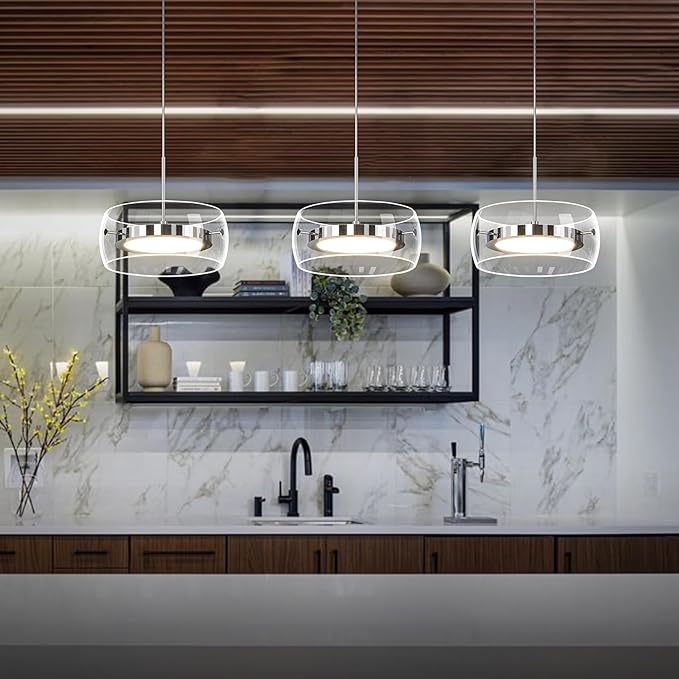 Modern Pendant Lights Kitchen Island, Dual-Sided LED 3-CCT Dimmable Glass Hanging Lighting Fixture, Adjustable Cable for Dining Room, Bar, Over Table, Sloped Ceiling Chrome Silver