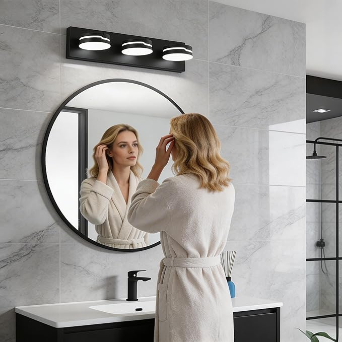Vanity Lights for Bathroom, Matte Black Bathroom Light Fixtures Over Mirror, 3-Light Modern LED Wall Sconce Makeup Lighting, 350° Rotatable, Dimmable 6000K Cool White, Hardwired