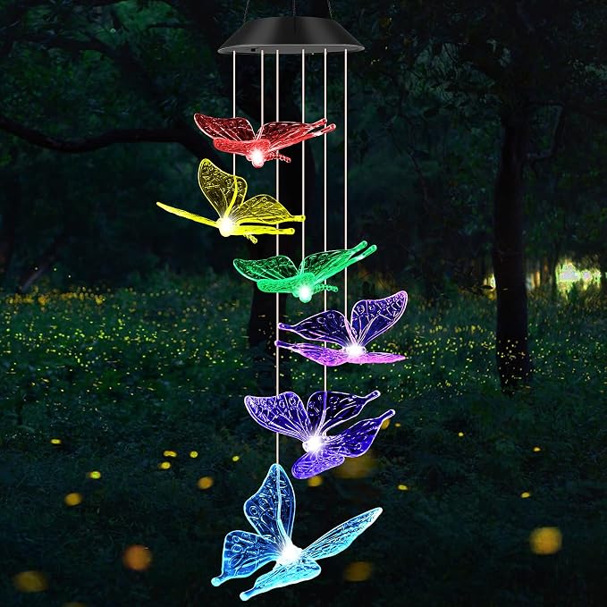 JOBOSI Colorful Butterfly Solar Lights for Outside, Mother's Day Women's Gifts, Solar Butterfly Wind Chimes, Birthday Gifts for Women, Mom, Grandma, Garden Lawn Yard Outdoor Decor Mobiles Wind Chime