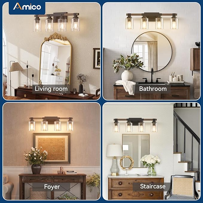 Amico Farmhouse Bathroom Vanity Light Fixtures,Rustic 4-Light Industrial Painted Wood Lights,Vintage Black Wall Sconces Bathroom Vanity Lighting with Bubble Glass Shade