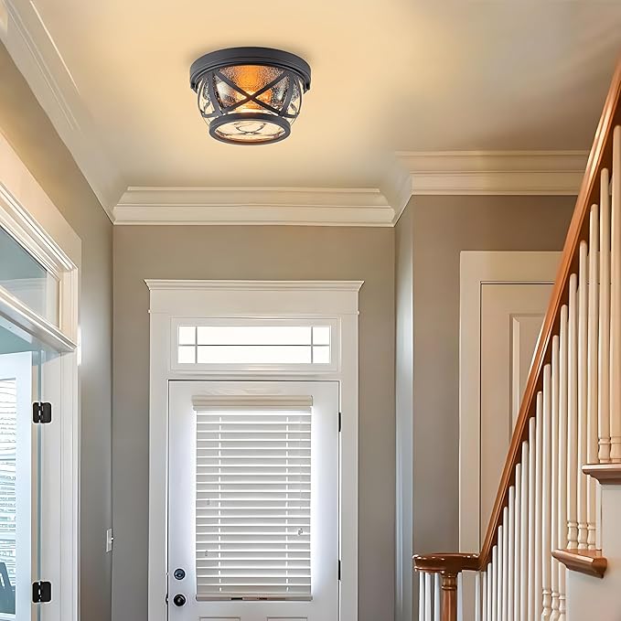 Oil-rubbed Bronze Flush Mount Ceiling Light Fixtures, 2-Light Farmhouse Porch Light Ceiling Mount with Seeded Glass, Industrial Outdoor Indoor Flush Mount Light Fixture for Kitchen Entryway & Foyer