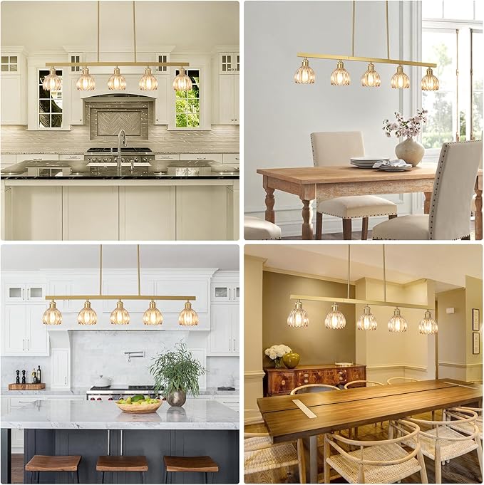 Modern Flower Dining Room Light Fixture, Gold Chandelier for Entryway, 5-Light Kitchen Island Lighting Hanging Pendant Light Fixtures, Glass Chandelier Flower Lamp for Foyer Bedroom Living Room(Amber)