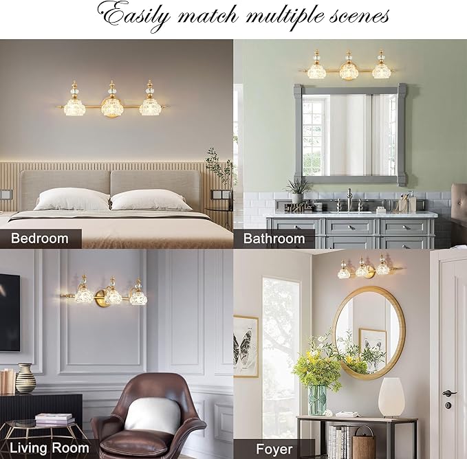Bathroom Vanity Light Fixtures, Farmhouse Vintage Wall Sconce Lighting with Glass Shade, Bath Vintage Wall Mounted Lamps for Mirror (3 Lights,Gold,G9 Base)