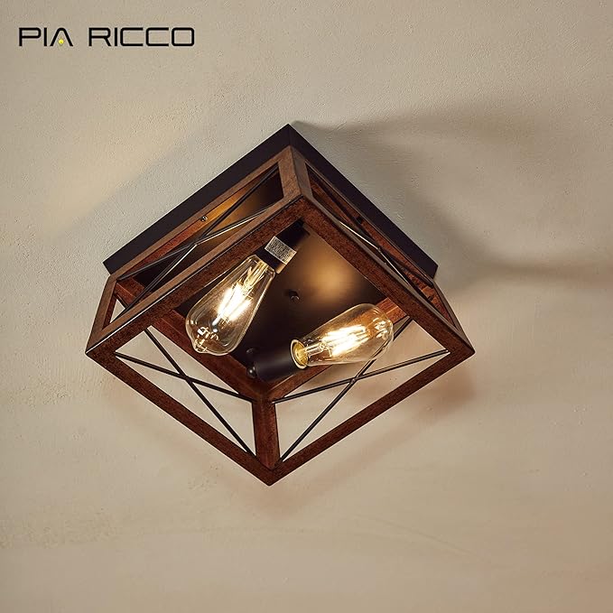 Pia Ricco Farmhouse Flush Mount Ceiling Light Fixture, Outdoor Porch Ceiling Lights, Rustic Industrial Style Square Close to Ceiling Light for Entry, Hallway, Kitchen, Patio, 2-Light, Brown