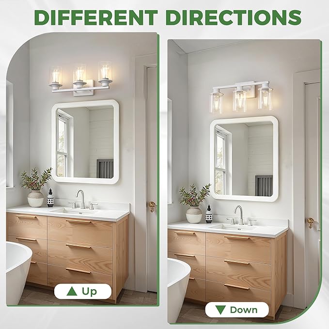 DORESshop 17 Inch Bathroom Light Fixtures, 3-Light Vintage Ivory Bathroom Lighting Fixtures Over Mirror with Clear Glass Shade, Vanity Lights for Living Room Bedroom