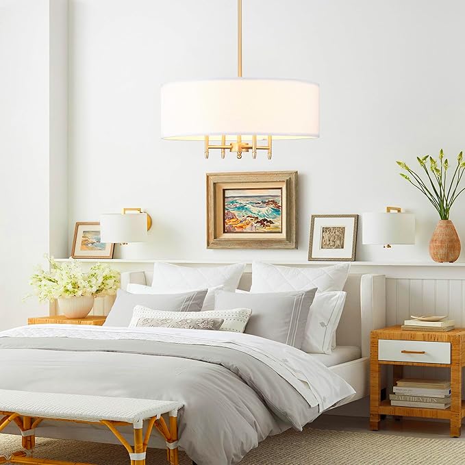 Untrammelife Drum Pendant Chandelier 4-Lights Gold Chandelier 20" Ceiling Hanging Light Fixture with White Shade, for Dining Room Living Room Bedroom Kitchen Island